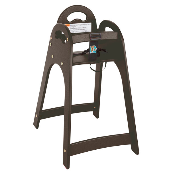 A Koala Kare brown high chair with a tray on a wooden stand.