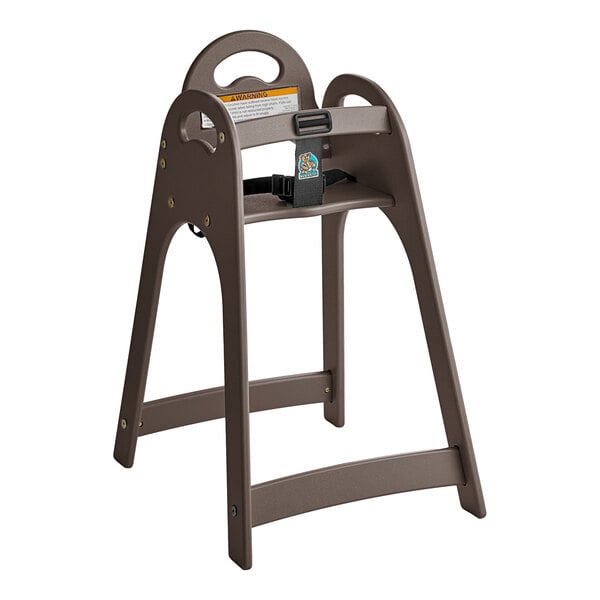 A brown plastic high chair with a safety strap, designed for children.