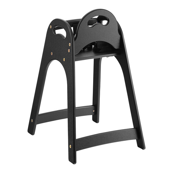 A black Koala Kare high chair with a wooden seat.