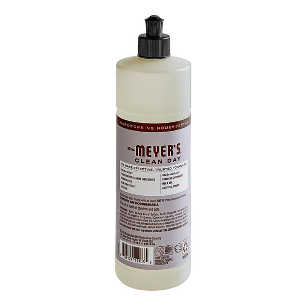 A white Mrs. Meyer's Clean Day Lavender Scented dish soap bottle with a black label and lid.