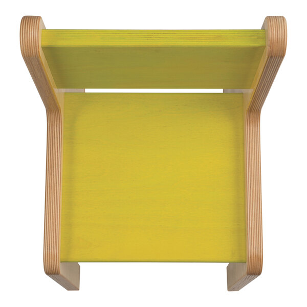 A yellow Whitney Brothers children's chair with wooden legs and a wooden seat with electric lime accents.