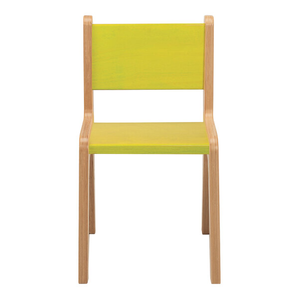 A Whitney Brothers wooden children's chair with electric lime seat and back.