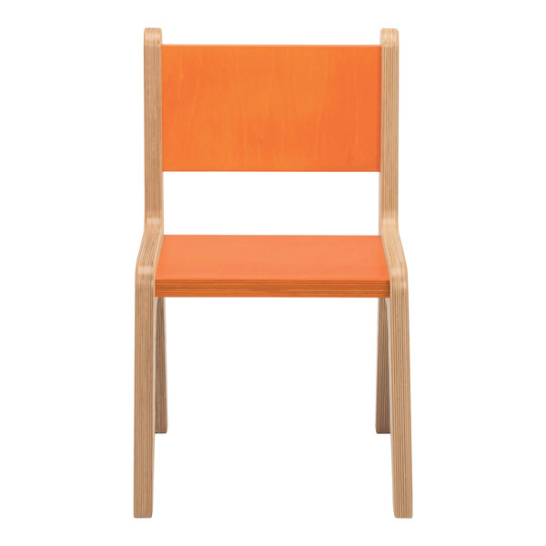 A Whitney Brothers wood children's chair with a hot pumpkin seat and back.