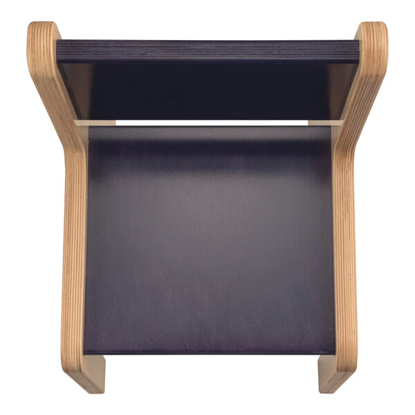 A Whitney Brothers wooden children's chair with a blue seat and back on a wooden frame.