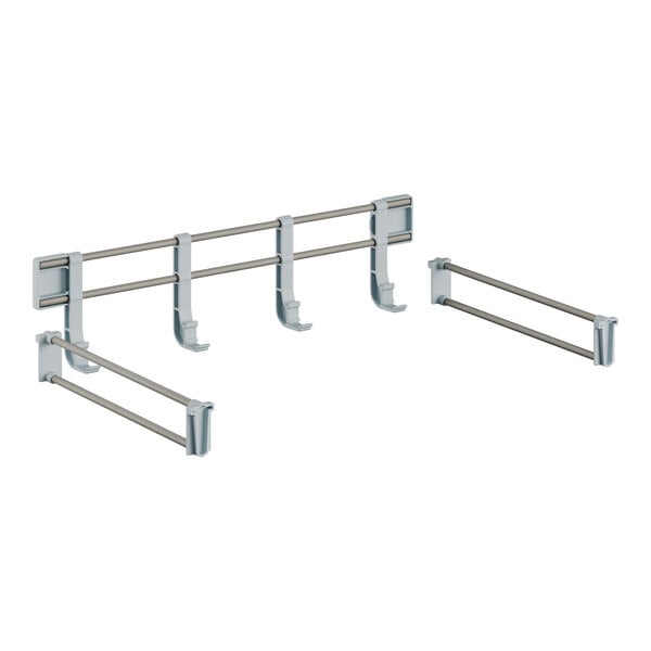 A white metal bar with four metal rods with hooks on the ends.