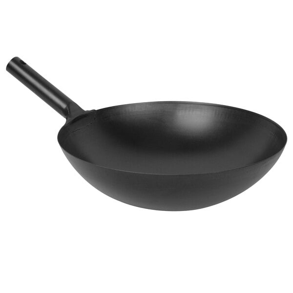 a black wok with a handle