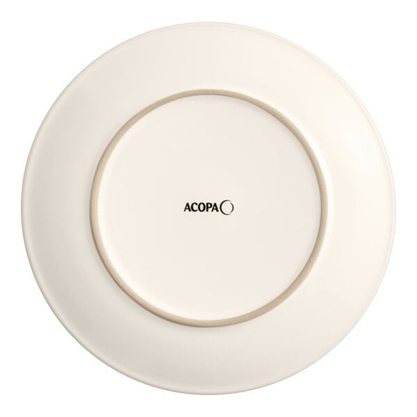 An ivory Acopa stoneware plate with a brown rim and a circle.