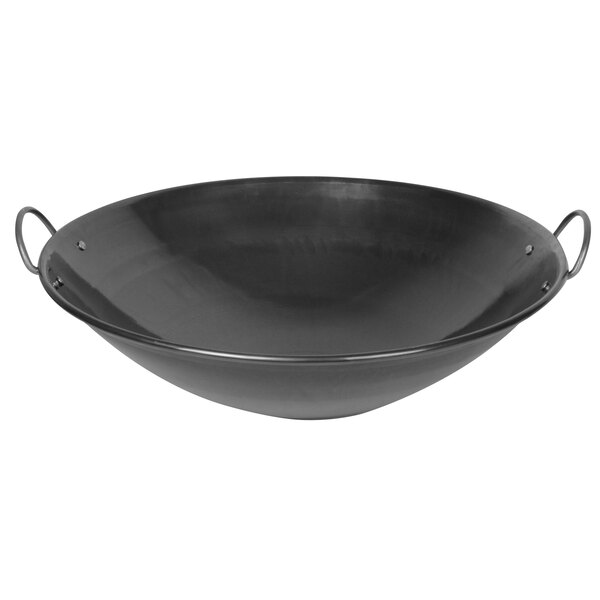 A black Thunder Group steel Cantonese wok with handles.