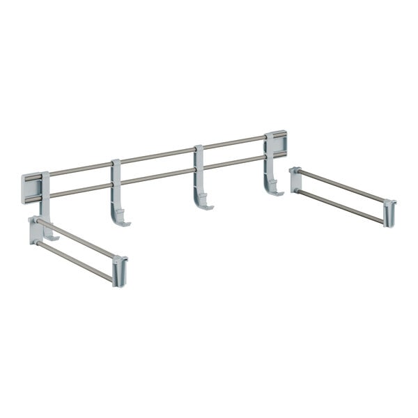 A pair of gray metal rods attaching to a metal bar with metal hooks on it.