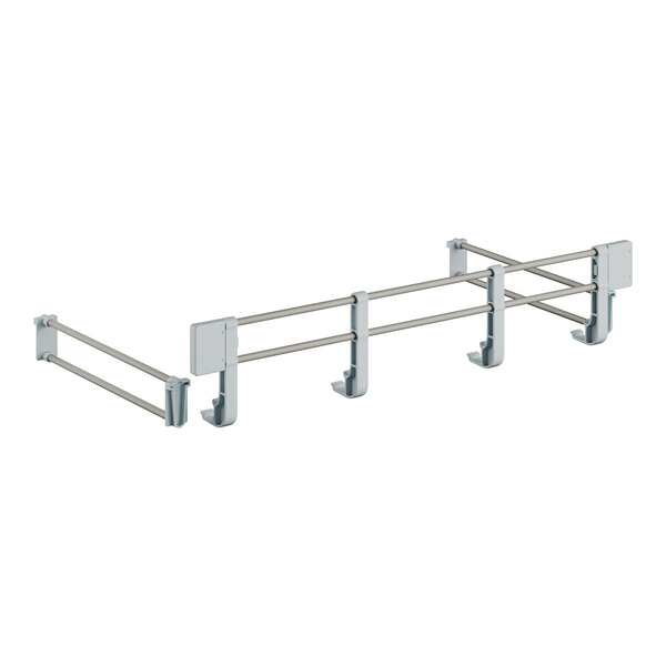 A close-up of a Cambro metal shelf rail kit with two bars and two hooks.