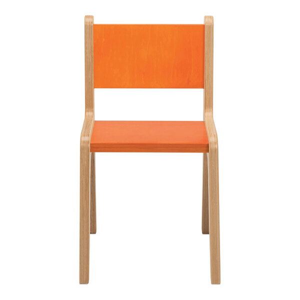 A Whitney Brothers children's chair with wooden legs and an orange seat and back.