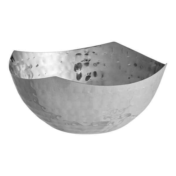 A close-up of a silver American Metalcraft round metal serving bowl with a curved edge.