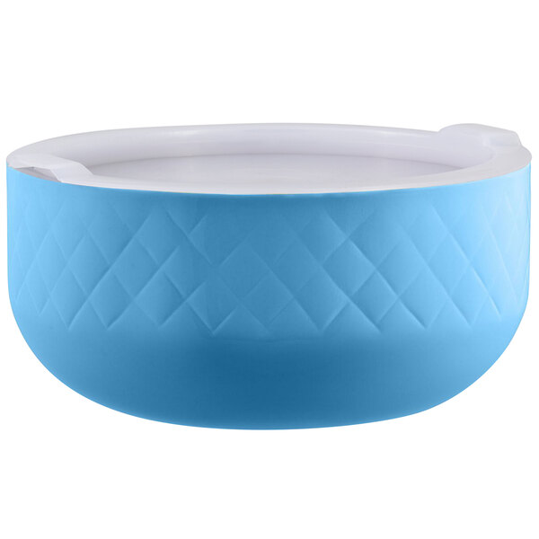 A Caribbean blue Bon Chef bowl with a white lid.