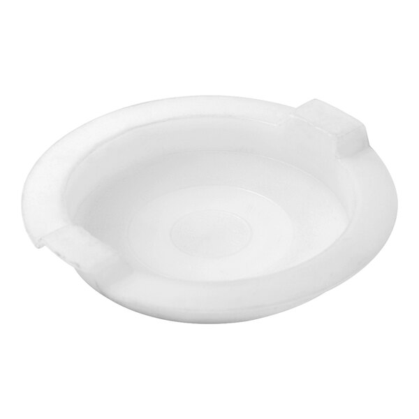 A white, round, shallow plastic cover with two raised tabs on the rim.