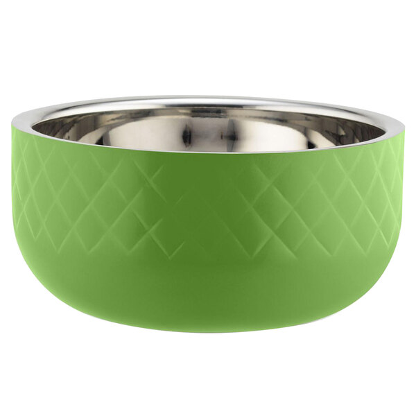 A lime green Bon Chef triple wall bowl with a stainless steel rim.
