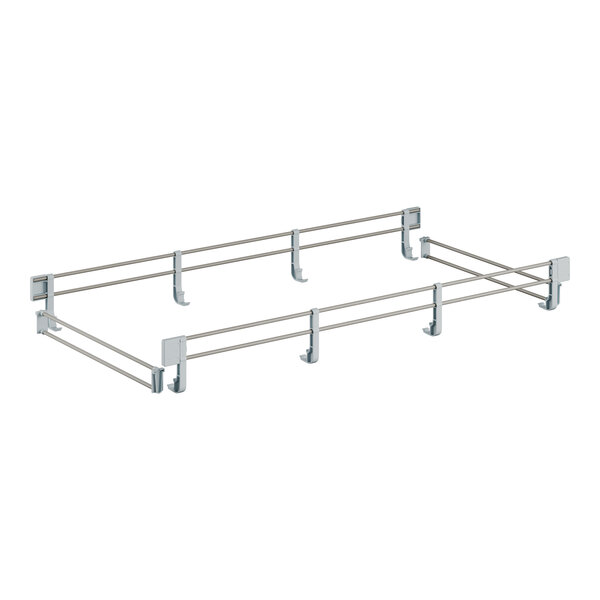 A white metal Cambro shelf rail kit with two metal bars and a pair of metal hooks.