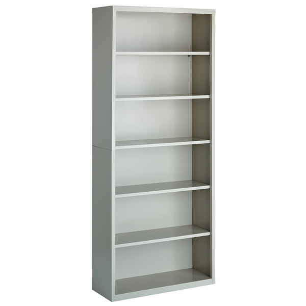 A light gray Hirsh bookcase with six shelves.