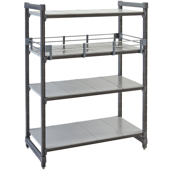 A grey Cambro metal shelf rail kit with three shelves.