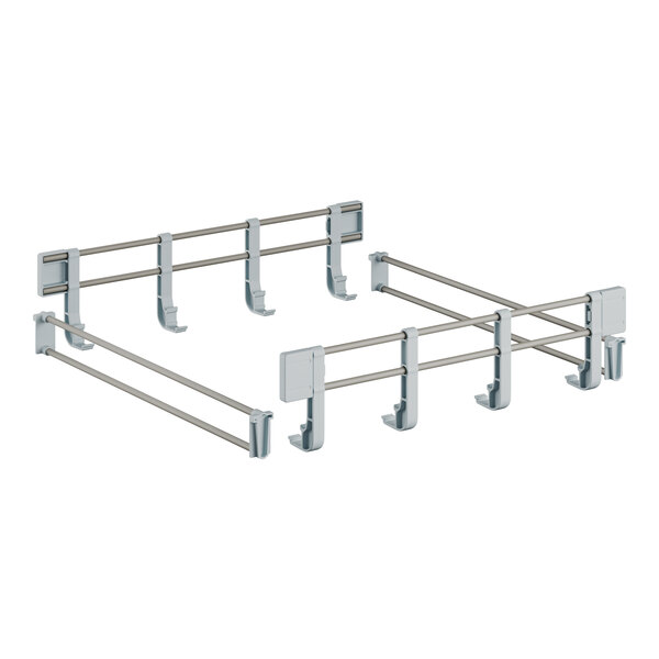 A white metal frame with several hooks for a shelf.