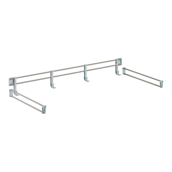 A metal shelf rail with metal rods and hooks.