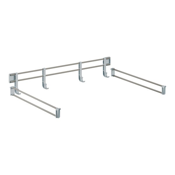 A white metal shelf rail with metal rods on it.