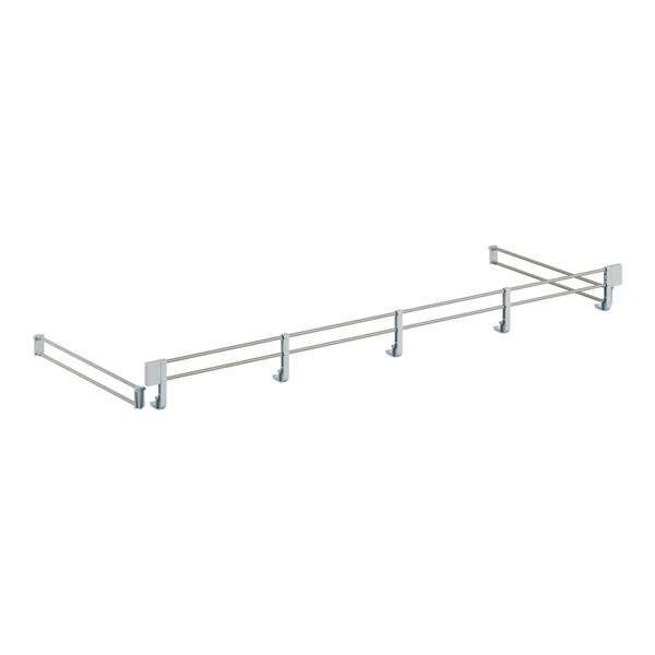 A metal shelf rail with four bars and hooks.