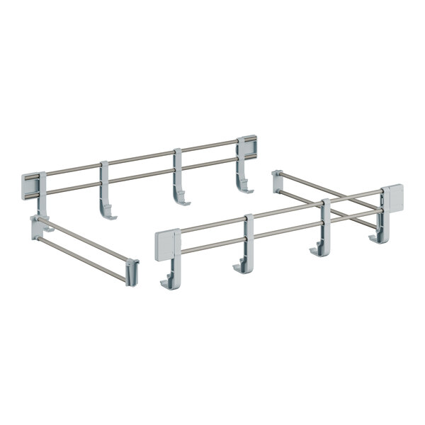 A white metal shelf rail kit with four hooks for a rack.