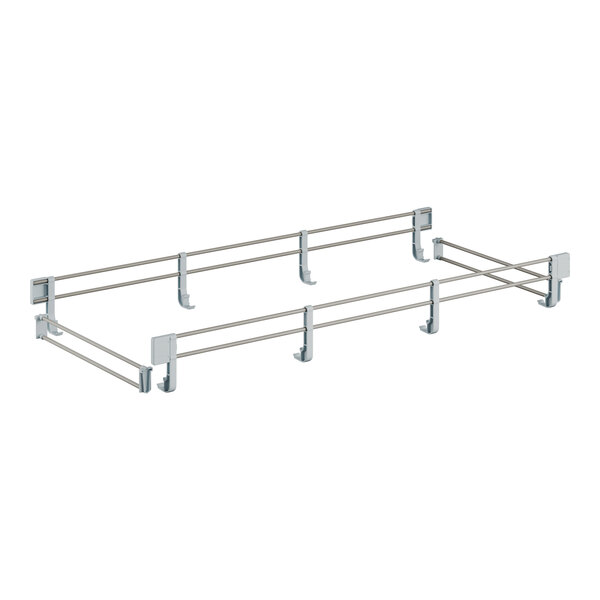 A metal frame with silver metal rods that attach to a pair of shelves.