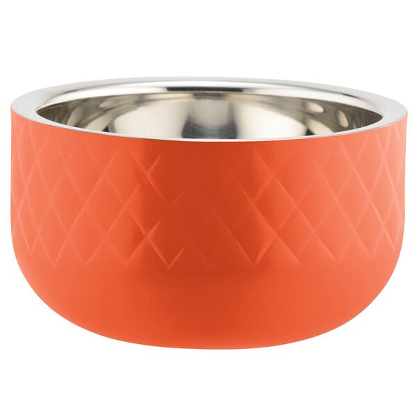 An orange Bon Chef bowl with a diamond pattern and silver rim.