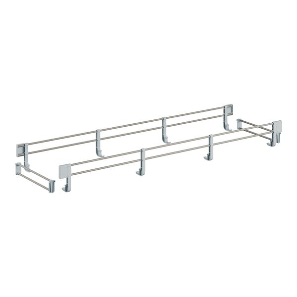 A white metal rack with a pair of metal rods.