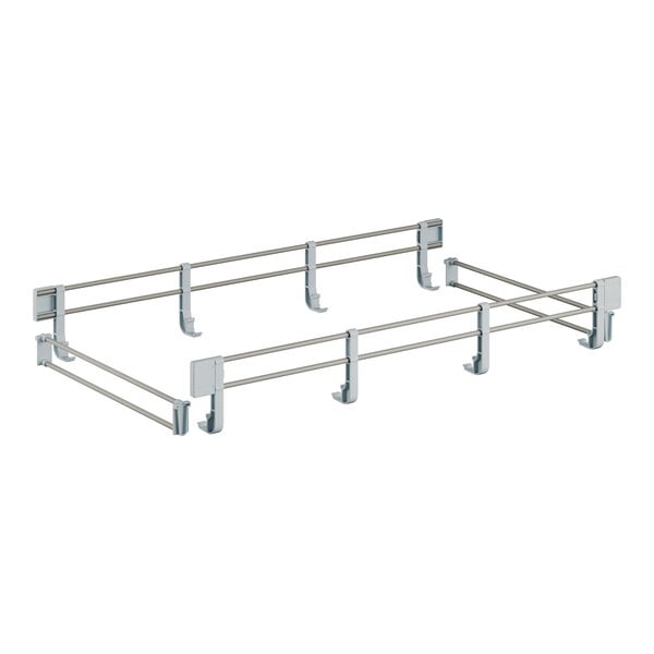 A pair of metal bars with hooks for a metal rack.