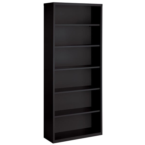 a black bookcase with shelves