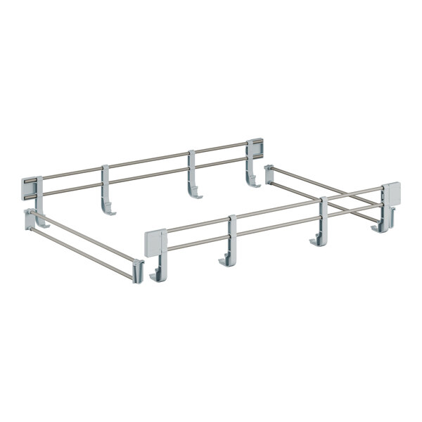 A metal shelf rail with a pair of metal hooks.