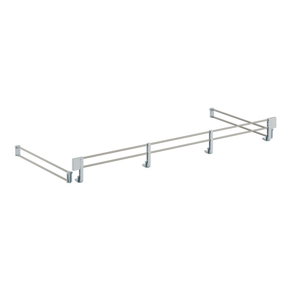 A metal rack with silver metal bars and metal rods.
