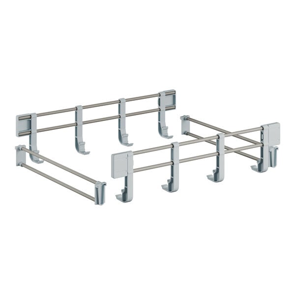 A white rack with metal shelves and metal hooks.