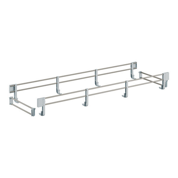 A white metal rack with a pair of metal rods and two handles.