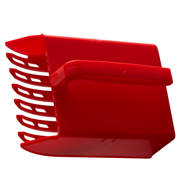 A red plastic Jonas of Sweden berry picker with a handle and four comb-like teeth.