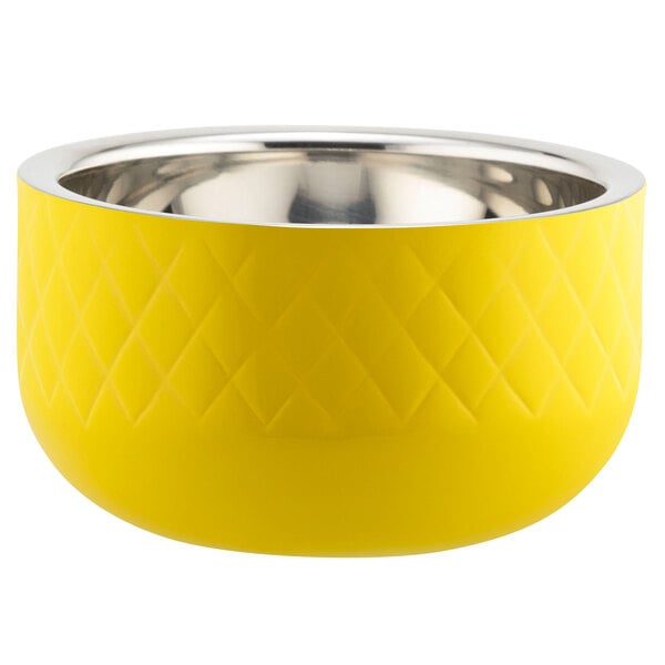 a yellow bowl with a diamond pattern