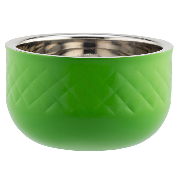 A lime green bowl with a silver rim.