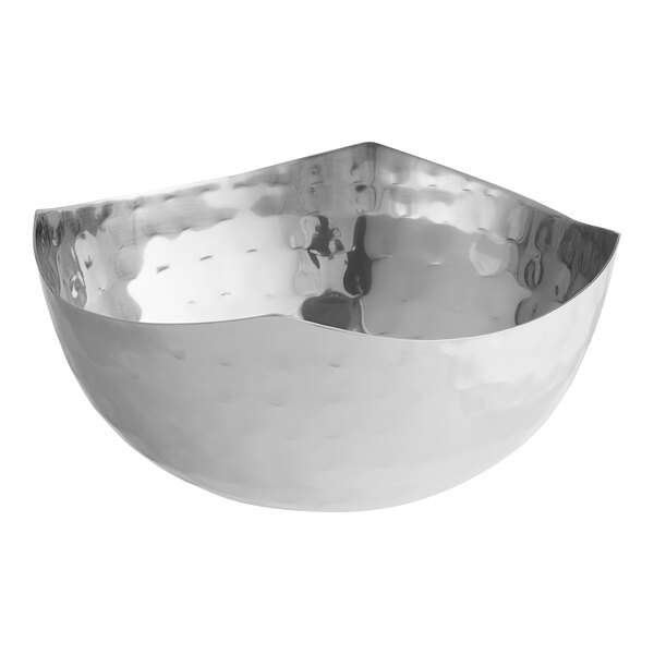 An American Metalcraft stainless steel serving bowl with a curved edge.
