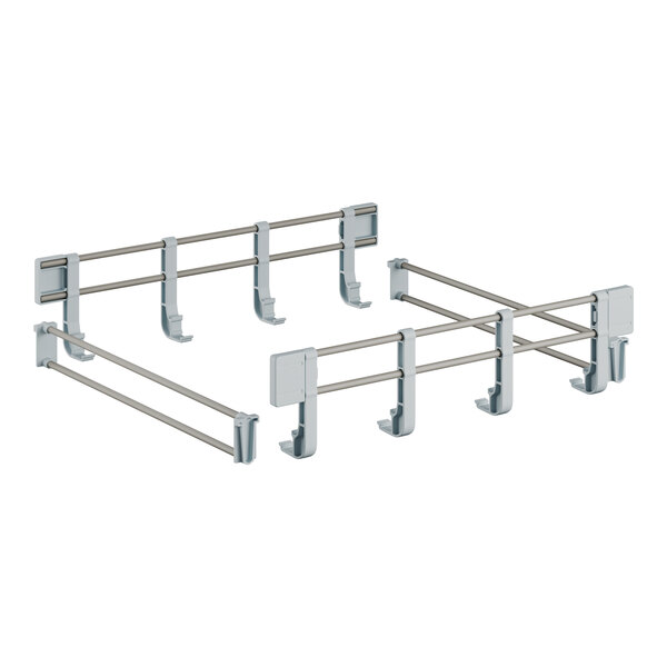 A white metal frame with several hooks for a shelf.