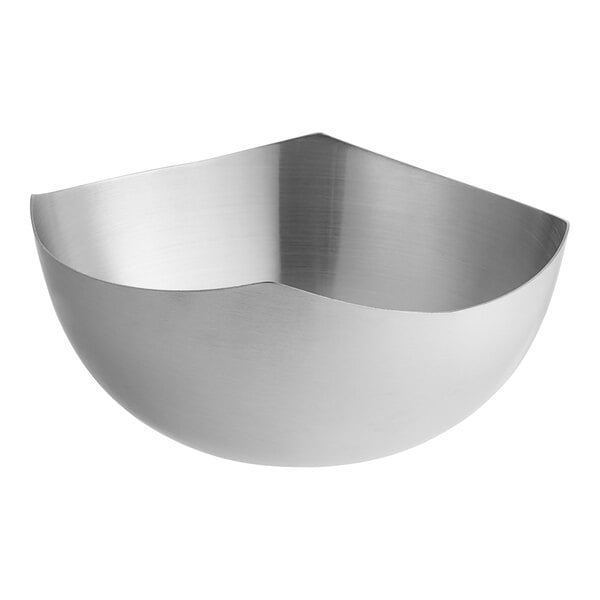 An American Metalcraft stainless steel bowl with a curved edge.