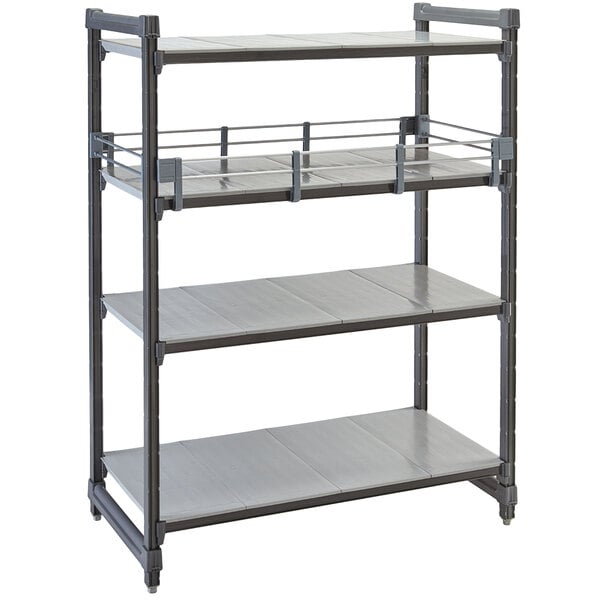 A grey metal Cambro shelf rail kit installed on a Cambro Camshelving unit.