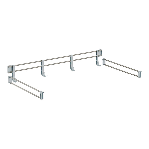 A pair of metal rods on a metal bar with metal hooks.