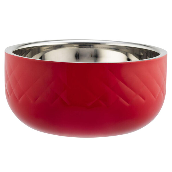 A red Bon Chef bowl with silver rim.