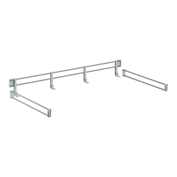A white metal shelf rail with metal rods on it.