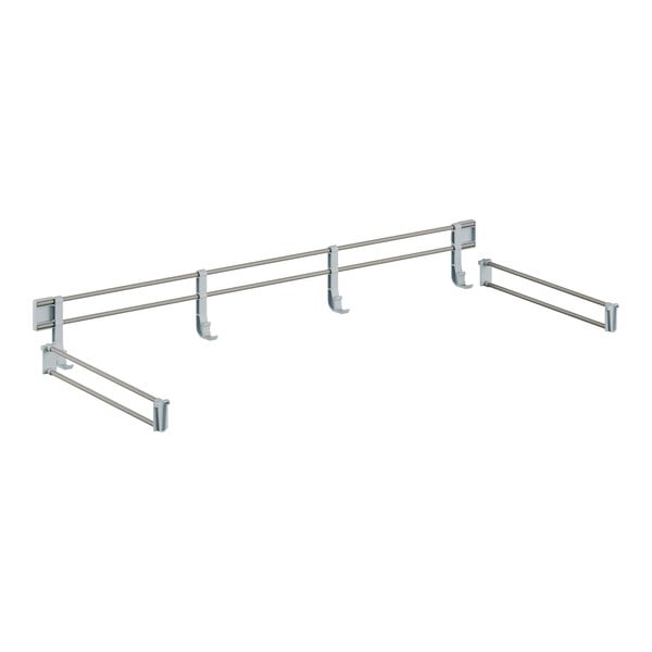 A white metal bar with two metal rods and hooks on the ends.