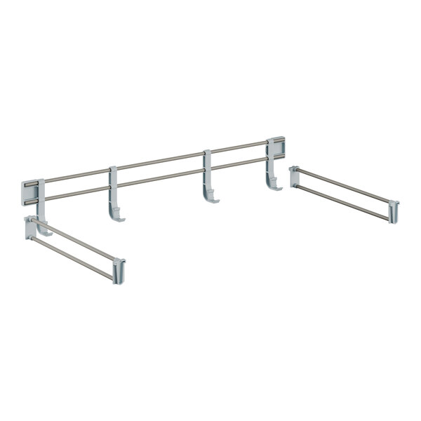 A metal bar with metal rods and hooks on each end.
