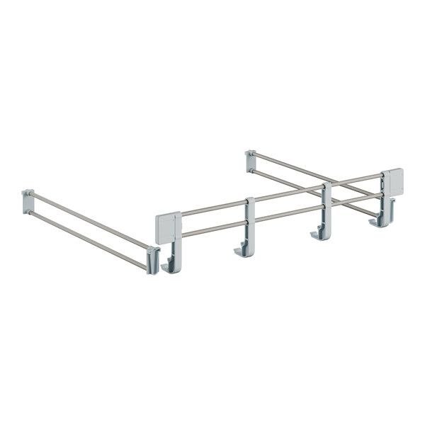 A close-up of a Cambro metal shelf rail with hooks.