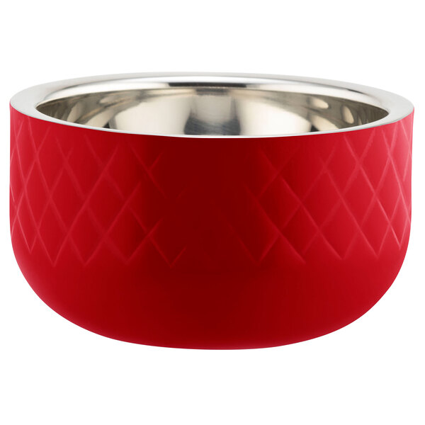 a red bowl with a diamond pattern